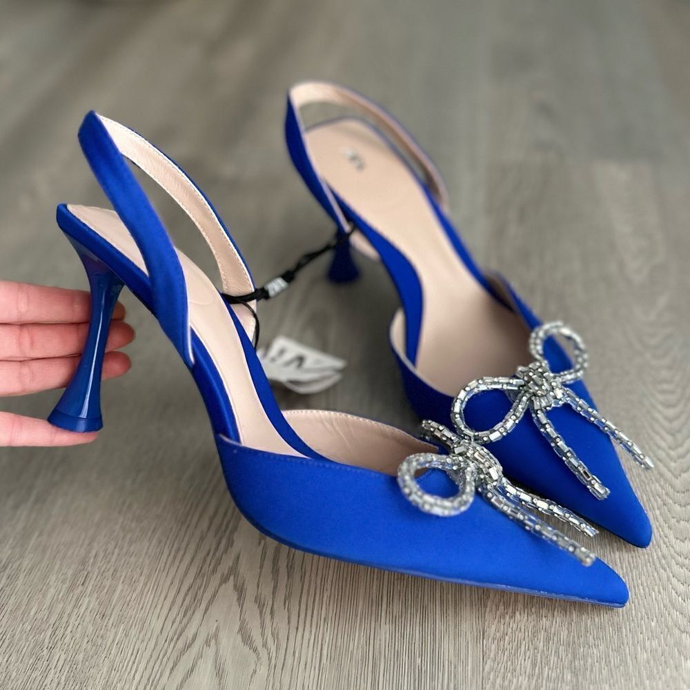 ZARA EMBELLISHED BOW HEELED SLINGBACKS - Picture 2 of 12